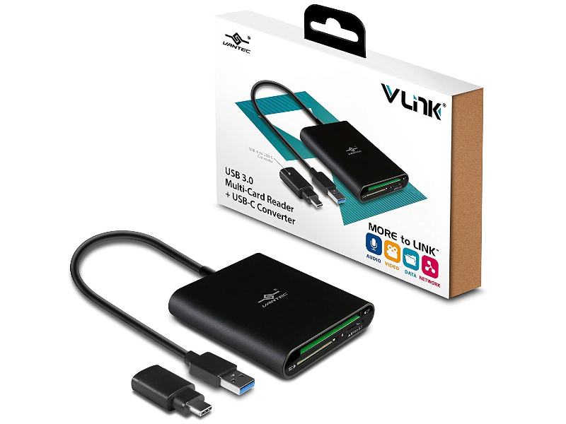 Vantec VLink USB 3.0 Super Speed Multi-Card Reader for Micro SD/SD/SDHC/SDXC/CF Cards plus USB-C converter Black (UGT-CR970-BK)
